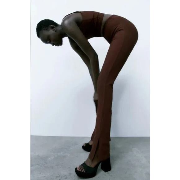 Zara Brown Ribbed Flared Pants Size S - Picture 2 of 9